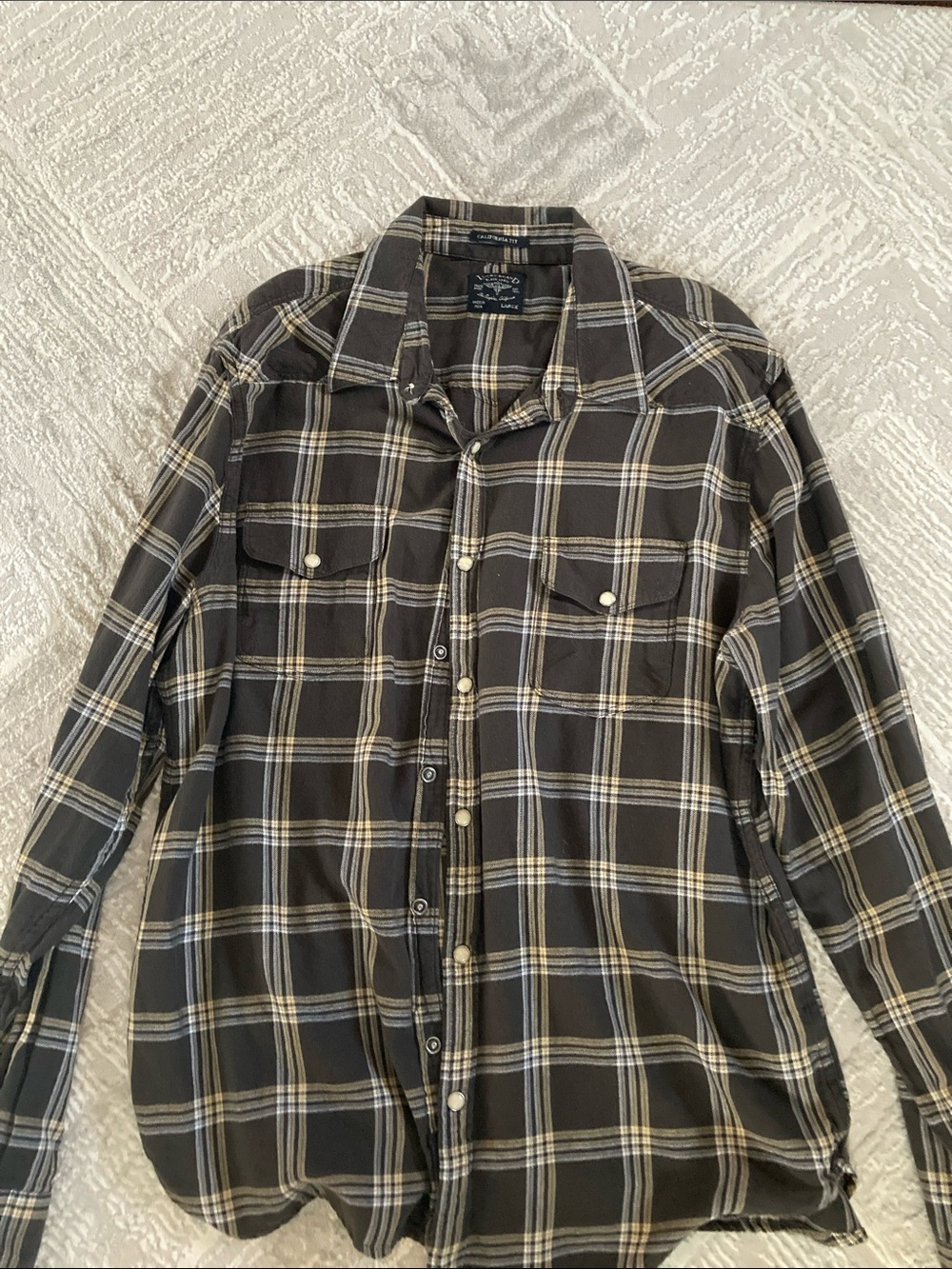 Lucky Brand Black Plaid Button-Up Shirt with Cream and Tan Stripes